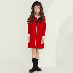 女童毛衣裙2025秋冬新款洋气红色连衣裙复古针织长袖长款公主裙子