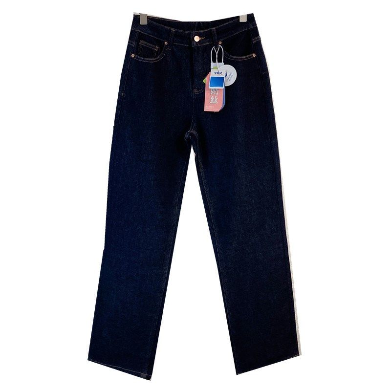 冬季新  显瘦加厚保暖深蓝色宽松直筒高腰加绒牛仔裤阔腿裤长裤女