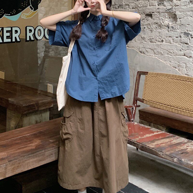 大码女装胖妹妹学院风复古宽松短袖衬衫口袋工装半身裙显瘦套装夏