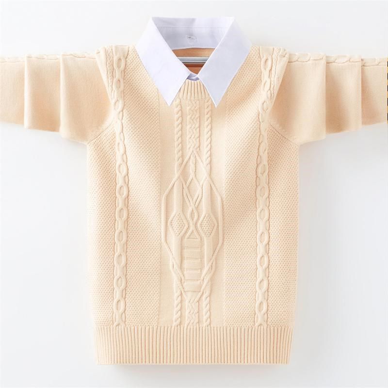 男童毛衣假两件2024秋冬新款加绒加厚纯棉针织衫男孩衬衫领打底衫