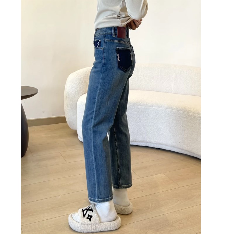 蓝色直筒牛仔裤女春季新款大码胖mm梨形身材高腰弹力显瘦烟管裤子