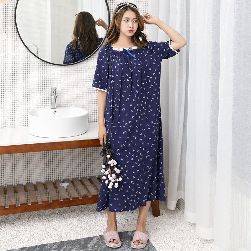夏季女士短袖纯棉绸薄款超柔凉快护膝长款大码公主睡裙睡衣家居服