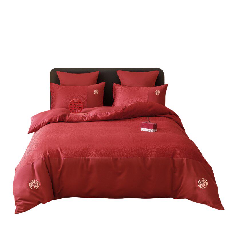 高档中式简约结婚四件套大红色床单被套纯棉婚庆床上用品婚房喜被