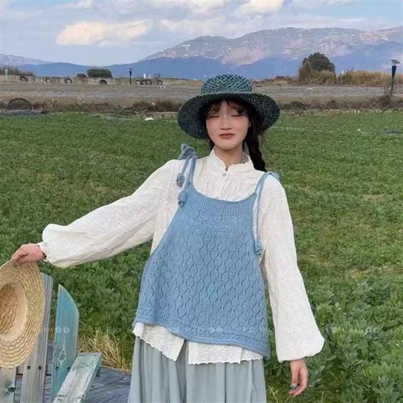 早春叠穿单品绑带针织吊带小背心女外穿短款上衣