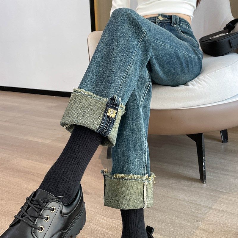 翻边直筒牛仔裤女秋季新款高腰显瘦复古九分小个子卷边拼接烟管裤