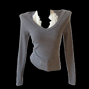 设计感V领蕾丝挂脖打底衫女2024秋冬季新款毛衣内搭修身针织上衣