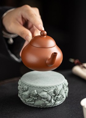 青砂石底座石头佛像花瓶花盆栽茶壶盖置玉石鱼缸摆件圆形摆件托架
