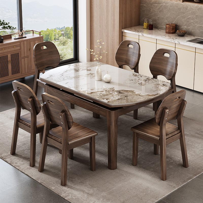 北美胡桃木岩板实木餐桌家用小户型可伸缩折叠现代简约可变圆桌