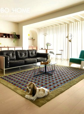 法式复古地毯客厅沙发羊毛定制现代高级绿色格子中古风卧室床边毯