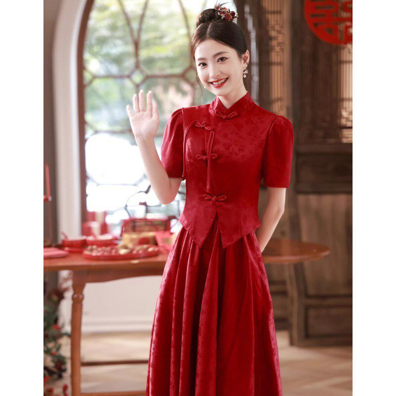 中式敬酒服新款新娘春夏季长袖回门服酒红色订婚礼服女旗袍秀禾服