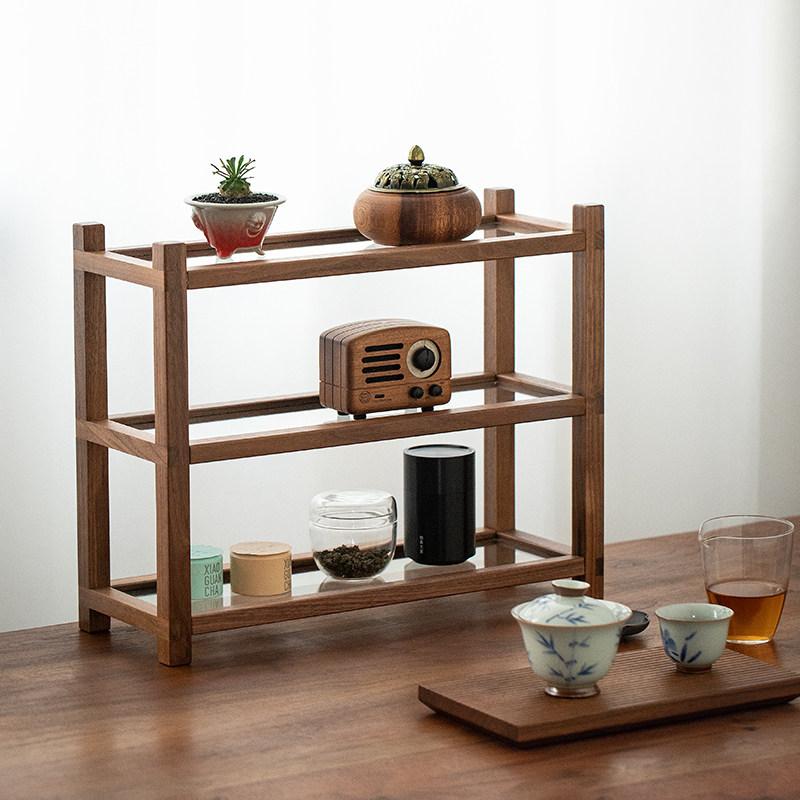 黑胡桃木玻璃置物架桌面茶杯架小型博古架桌上小多宝阁茶台茶壶架