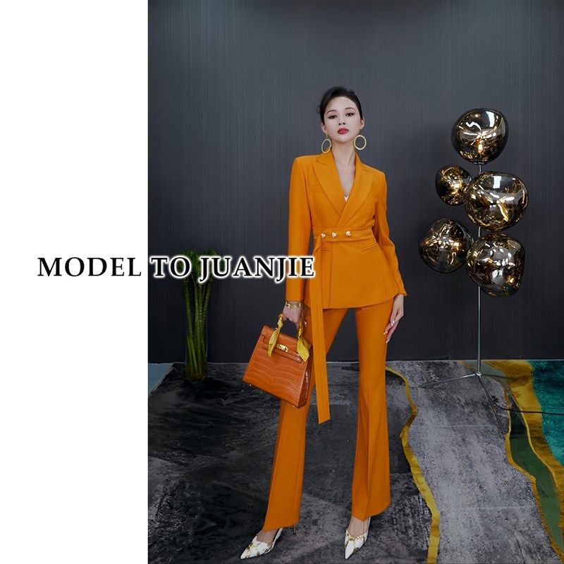 秋季新品高定气质手工轻奢时尚职业女神范显瘦西装微喇裤套装886