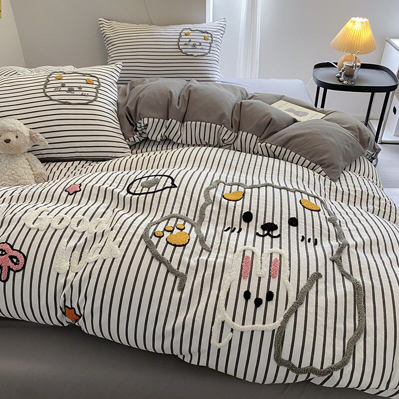 卡通毛巾绣四件套非全棉纯棉学生三件套宿舍床品公主风床单床笠款