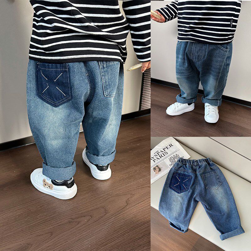 柔软!男童牛仔裤2024春秋新款儿童洋气休闲裤后标口袋裤子春季潮