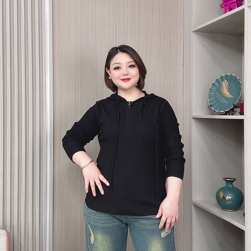 大码女装春秋装拉链上衣针织衫女胖mm宽松显瘦休闲打底衫连帽毛衣