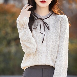 早春木耳领拼色精纺羊毛开衫女蕾丝镂空提花长袖毛衣宽松外搭上衣