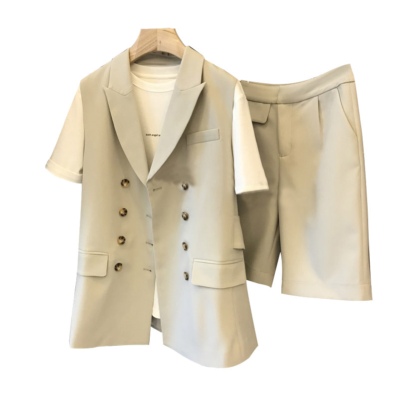 高阶精英!时髦气质出众~双排扣西装马甲外套+短裤两件套装女夏季