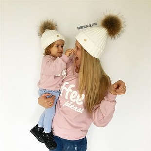 秋冬亲子款宝宝貉子毛球帽1-5岁儿童毛线帽子围巾一套 婴儿可爱帽