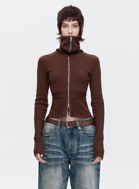 EMPTY PAGE秋冬白色/褐色高领拉链毛织针织弹力修身开衫