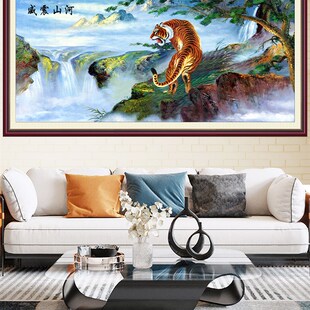 猛虎下山壁画自粘油画布五虎图上山水沙发背景客厅装饰画威山河