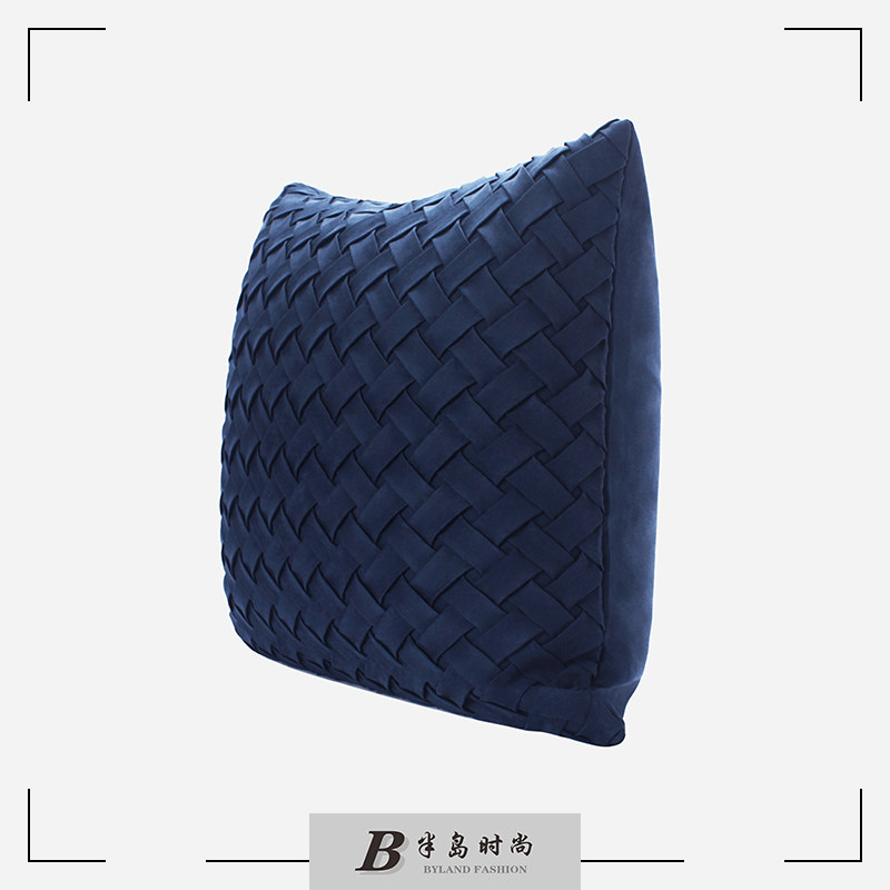 奢蓝现代蓝色鹿皮绒手工编织抱枕沙发靠垫样板房别墅方枕