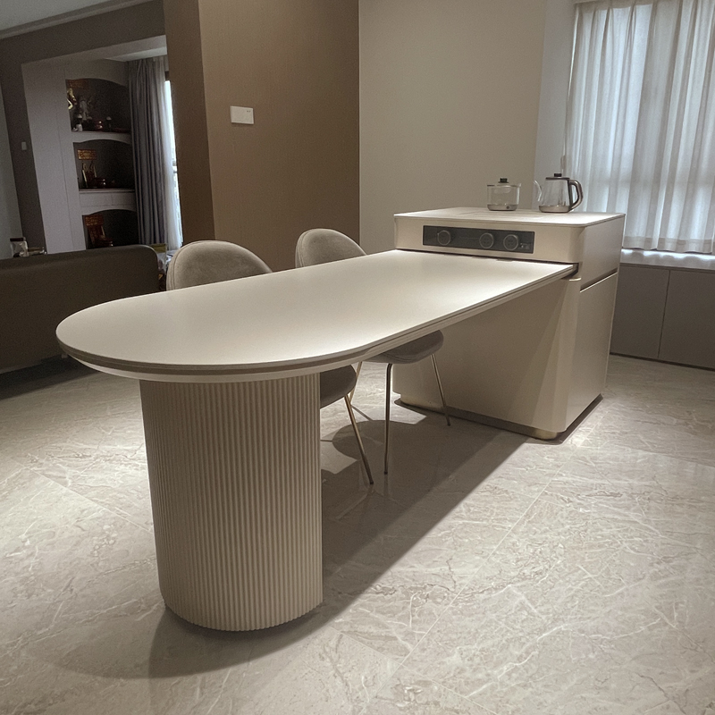 法式奶油风伸缩岛台茶桌餐桌一体小户型家用岩板办公茶台书桌两用