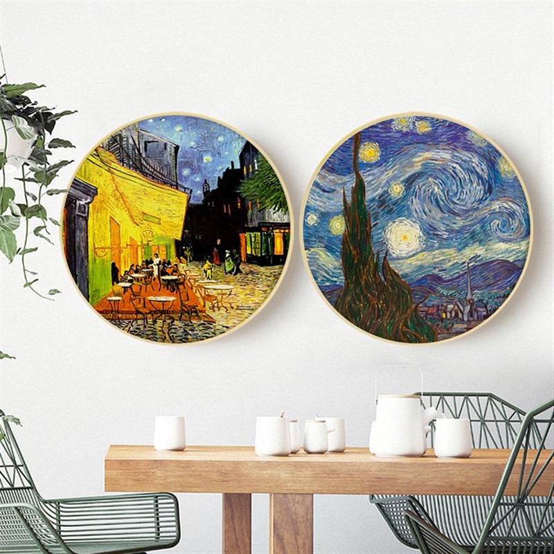 欧式风景梵高星空咖啡馆实木圆形画框餐厅玄关客厅背景墙装饰挂画