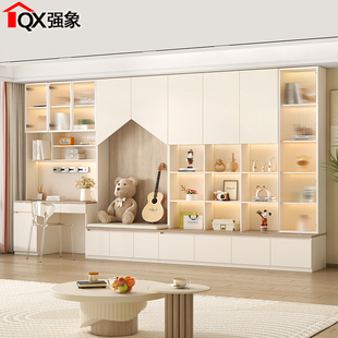 奶油风去客厅化书柜书桌一体组合定制满墙书架卡座储物柜到顶F79