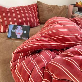 加厚被套珊瑚绒宿舍床单三件套 复古红色条纹牛奶绒床上四件套冬季