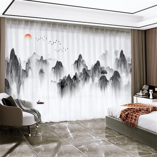 窗帘遮光2024新款 新中式 高级感中国风古典山水画水墨风景客厅纱帘