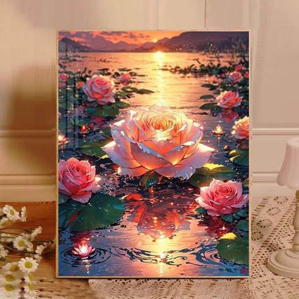 高级感荷花风景钻石画2024新款手工5d砖石贴画十字绣客厅卧室满钻