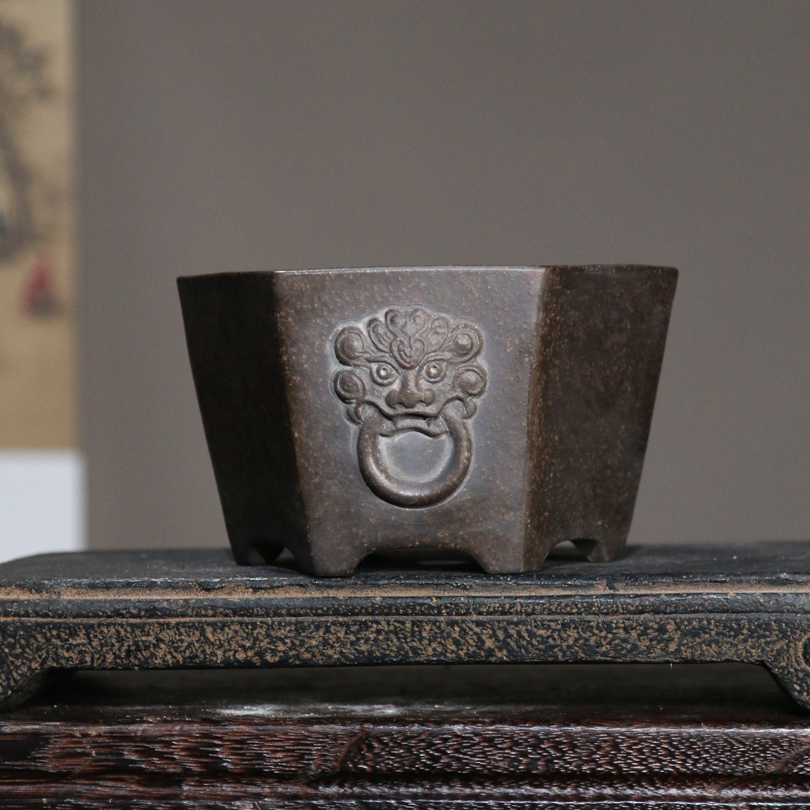 紫砂花盆全手工紫砂盆景盆长方形微型小花盆桌面古典兽面盆狮子盆