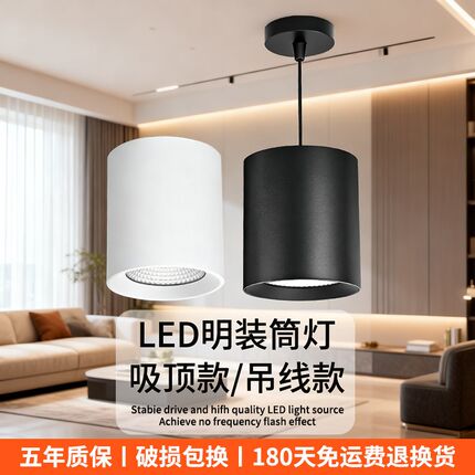 LED明装筒灯商场办公楼理发店吸顶圆形桶灯4寸5寸6寸8寸吊线孔灯