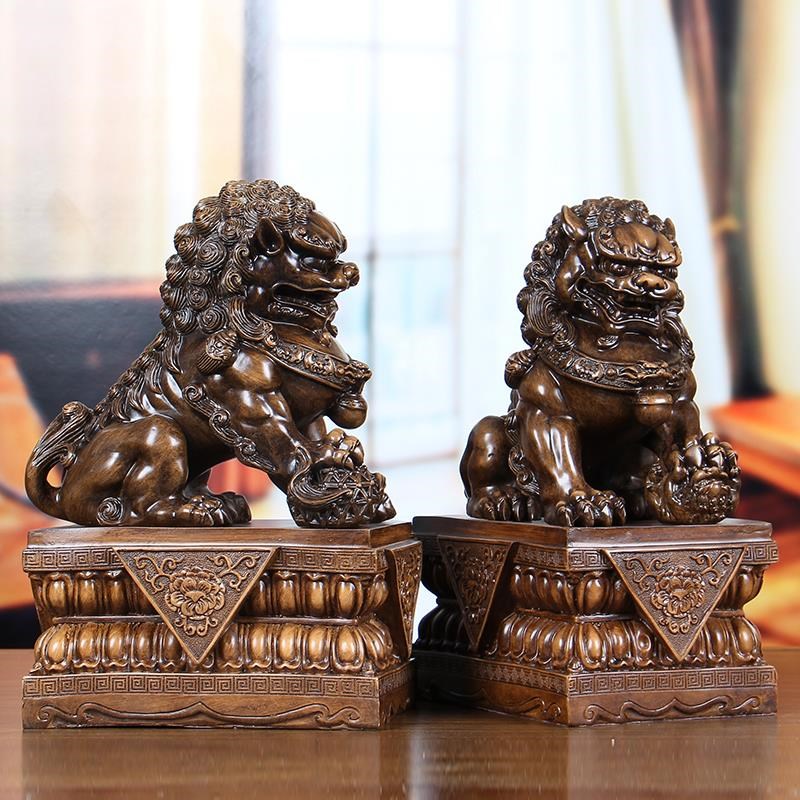 宫门木纹狮子摆件一对大号工艺品创意中式装饰品仿木雕狮摆设动物