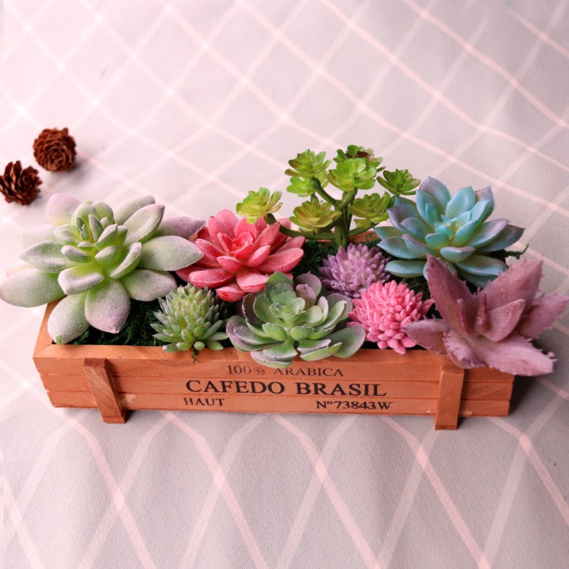 仿真多肉植物盆景装假多肉拼盘木盒餐假绿植餐厅客厅桌面装饰
