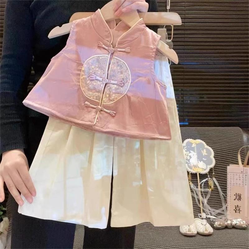 2025新款女童中国风汉服套装夏季中小童盘扣刺绣唐装马甲阔腿裤两