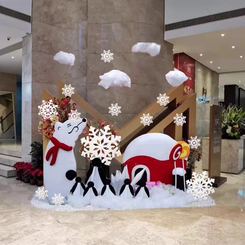 冬季氛围美陈商场橱窗4s店装饰DP点布景幼儿园雪花饼干熊摆件道具