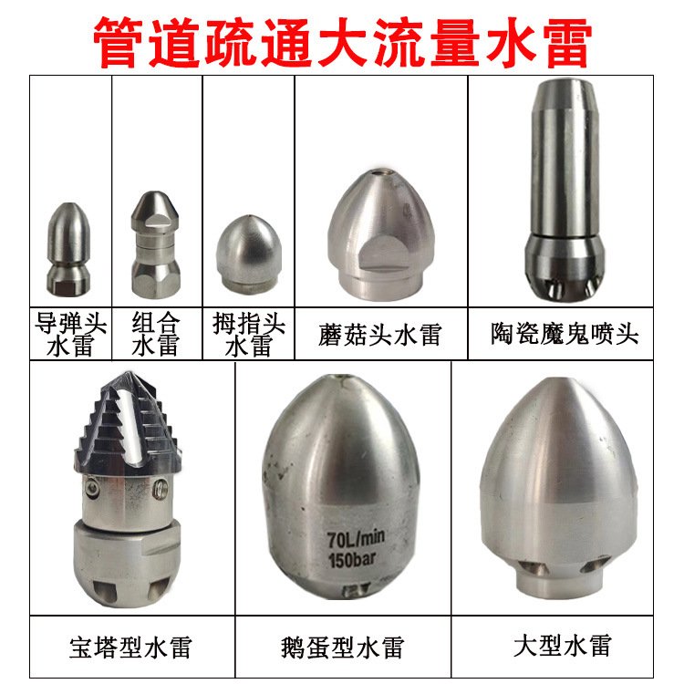 高压清洗水雷前一后三旋转清洗机管道疏通喷头市政下水道冲洗