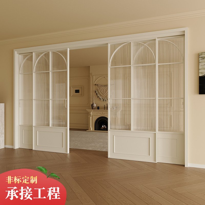 法式复古推拉门钛镁合金三联动厨房阳台客厅隔断吊轨两轨玻璃移门