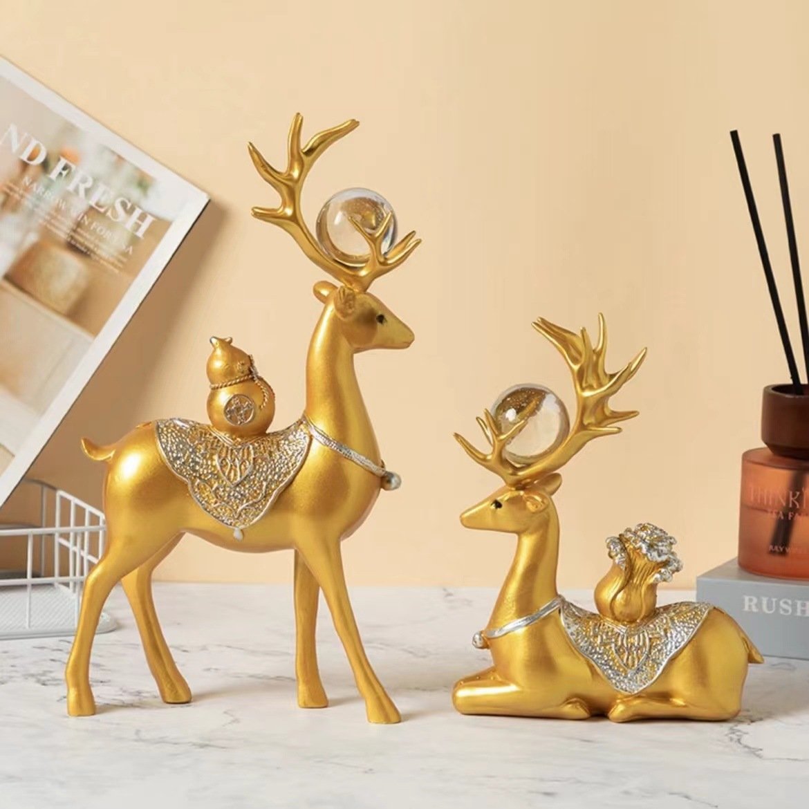 财福对鹿摆件装饰品双鹿工艺品电视柜酒柜家居办公室玄关礼物轻奢