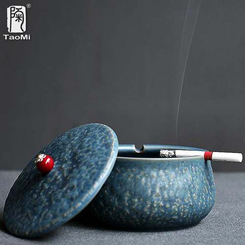 陶迷复古烟灰缸创意陶瓷办公司客厅茶几带盖防风大号个性烟缸