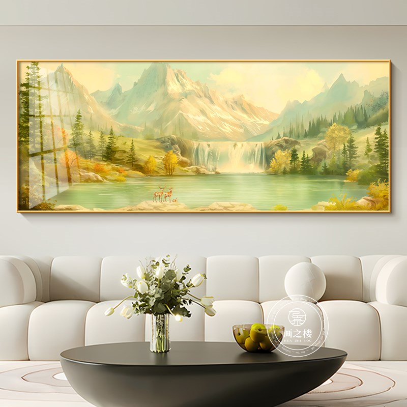 日照金山客厅装饰画现代简约挂画办公室高端大气聚宝盆横版山水画