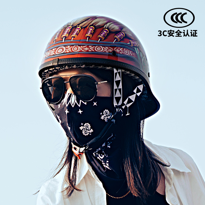 3C美式复古摩托车半盔夏季男女半盔日式电动头盔瓢盔巡航机车半盔