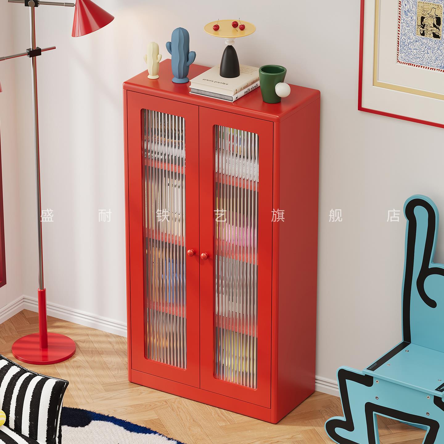 包豪斯钢制书柜带门儿童书架落地防尘收纳柜客厅展示柜铁艺置物架