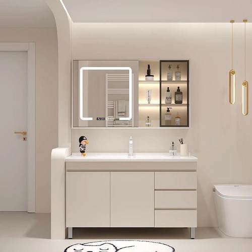 浴室柜化妆室奶油风洗手洗漱洗脸盆实木智能落地式洗手池陶瓷一体