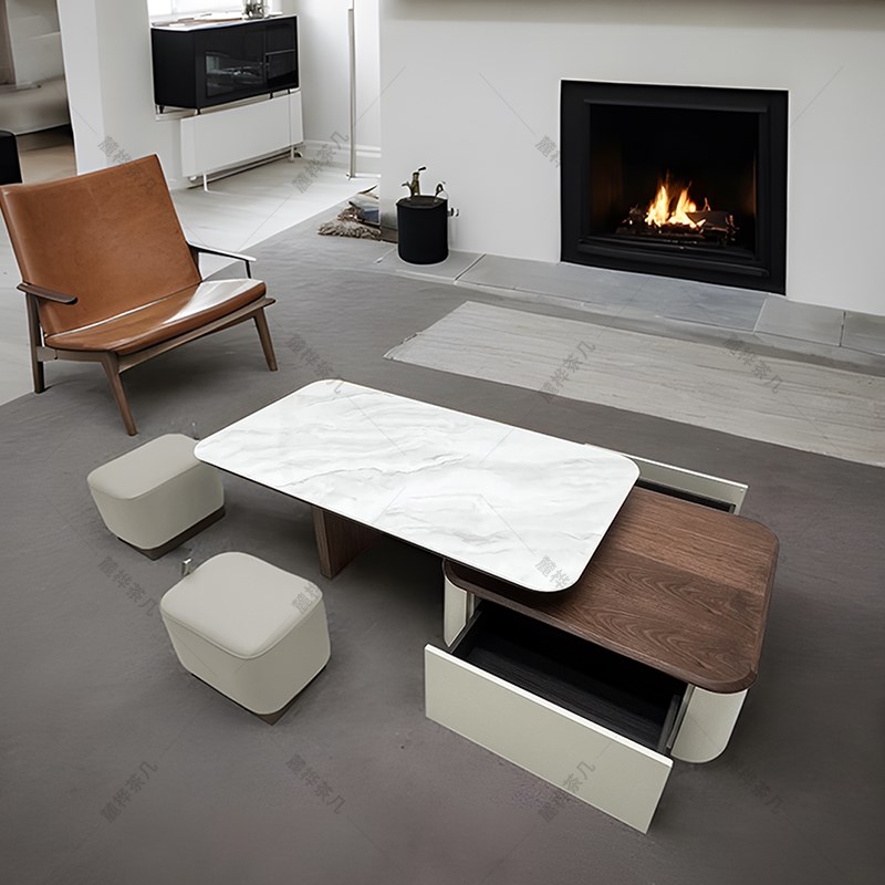 2024新款中古风简约小户型客厅家用茶几伸缩组合带抽屉超晶石台面