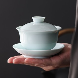 陶瓷功夫茶具单个三才碗会客泡茶 羊脂玉家用茶碗德化白瓷盖碗中式