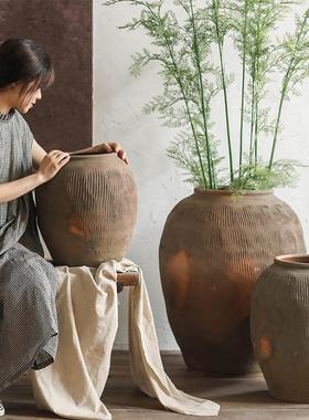 德国工艺大圆肚黄色陶罐落地特大花瓶民宿侘寂风格客厅造景复古装