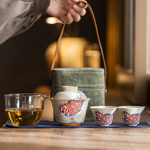 陶瓷金龙鱼快客杯户外便携式 草木灰旅行茶具套装 功夫茶具露营茶具
