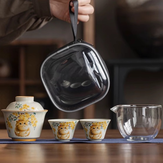 草木灰旅行茶具套装陶瓷可爱萌宠小肥猫快客杯便携式户外露营茶具